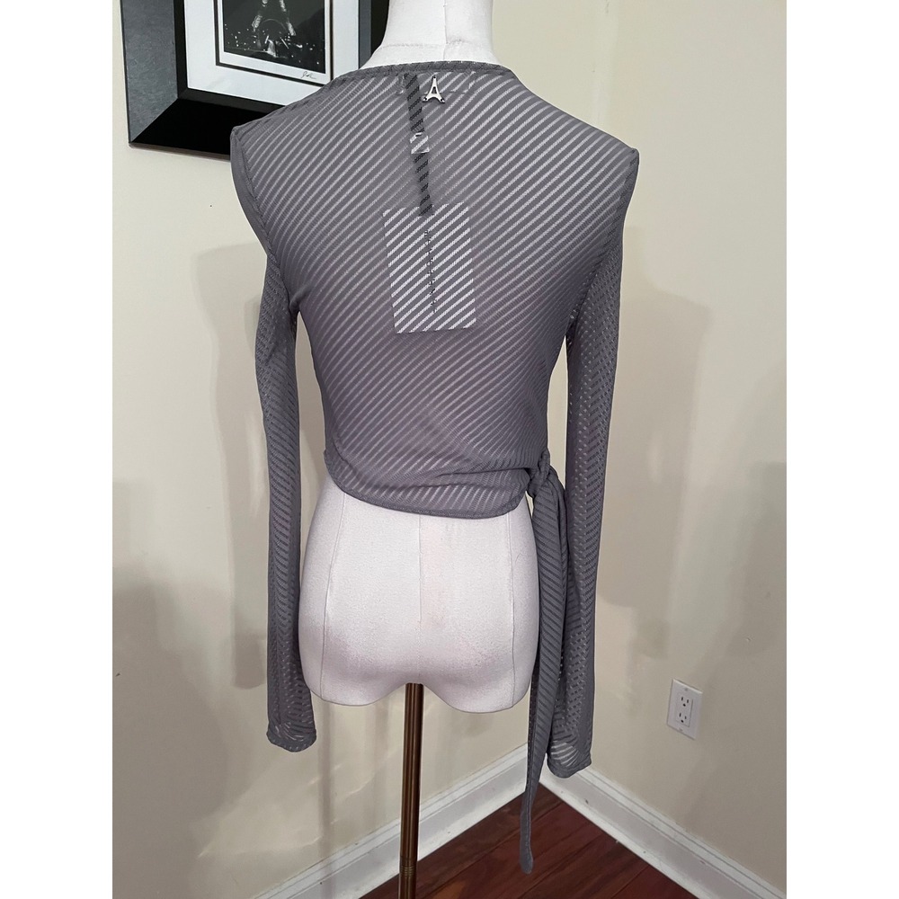 NWT Maniere De Voir Grey Mesh Asymmetric Cutout Wrap Crop Top Long Sleeve US 8 - Picture 7 of 8